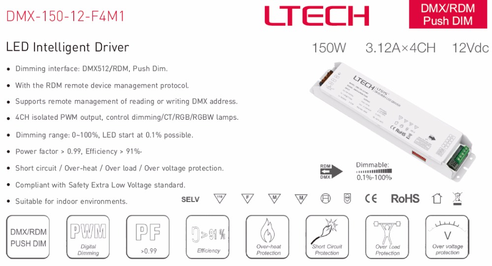 LED Driver DMX 150W 12V 4x3.12A - DMX-150-12-F4M1