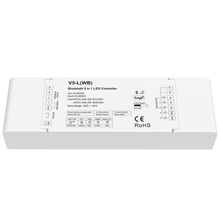 V5-L (WB) Skydance Tuya App 12-48V DC 5CH 6A Bluetooth RF 5 in 1 Led Controller